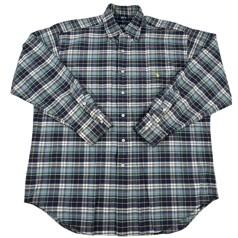 Ralph Lauren Big Shirt Men's M Plaid Button Down Navy Blue Green Cotton Pony